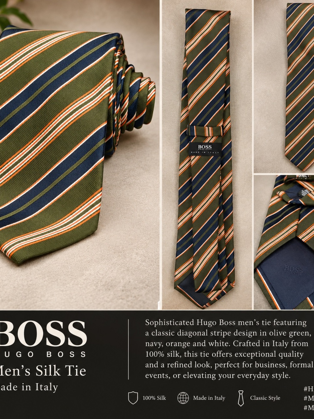 Hugo Boss Olive, Navy & Orange Striped Silk Tie